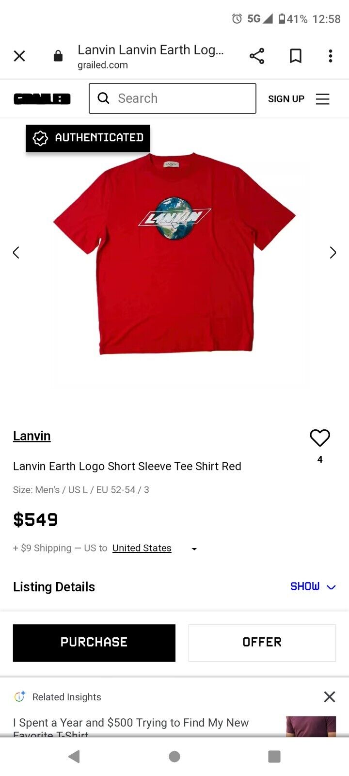 Lanvin Earth Logo Men's Size Medium Short Sleeve … - image 11