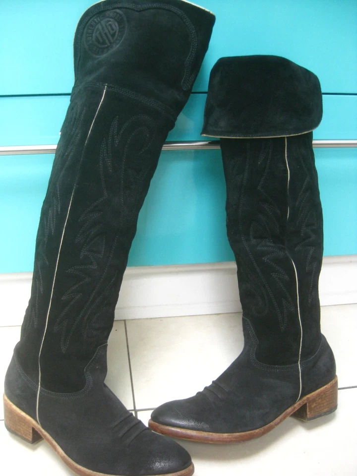 COWBOY BOOTS 40 6.5 Over knee high black suede rodeo riding TOMMY HILFIGER