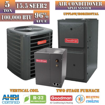 Goodman 5 Ton 15.5 SEER2 AC & 96% Gas Furnace System 100K BTU Two Stage Vertical