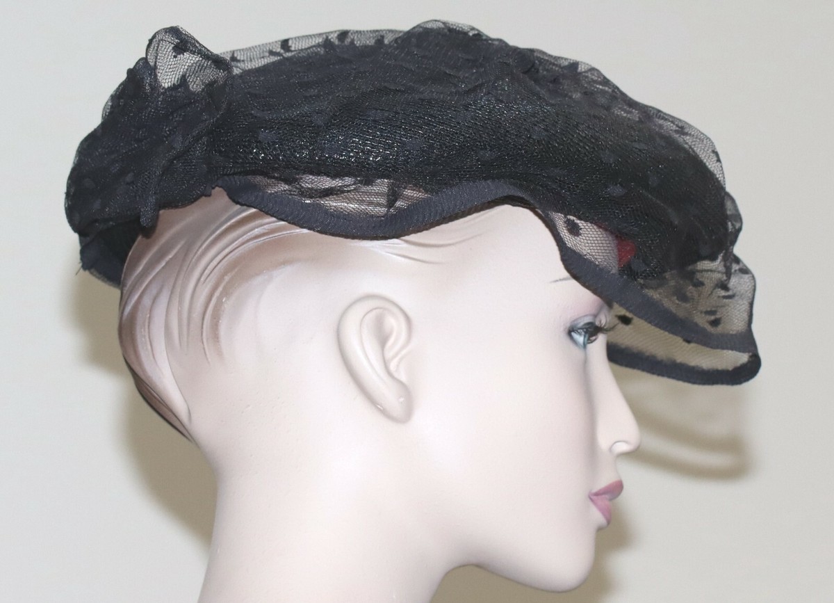 Mr Kurt red & white polka dot church hat Vintage Hat Red & Black Wide Brim Veil Net Feathers Mr. Kurt  main image 2