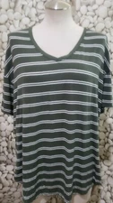 Time and Tru Top Large Olive Green Striped Rayon Spandex V Neck Short Sleeve