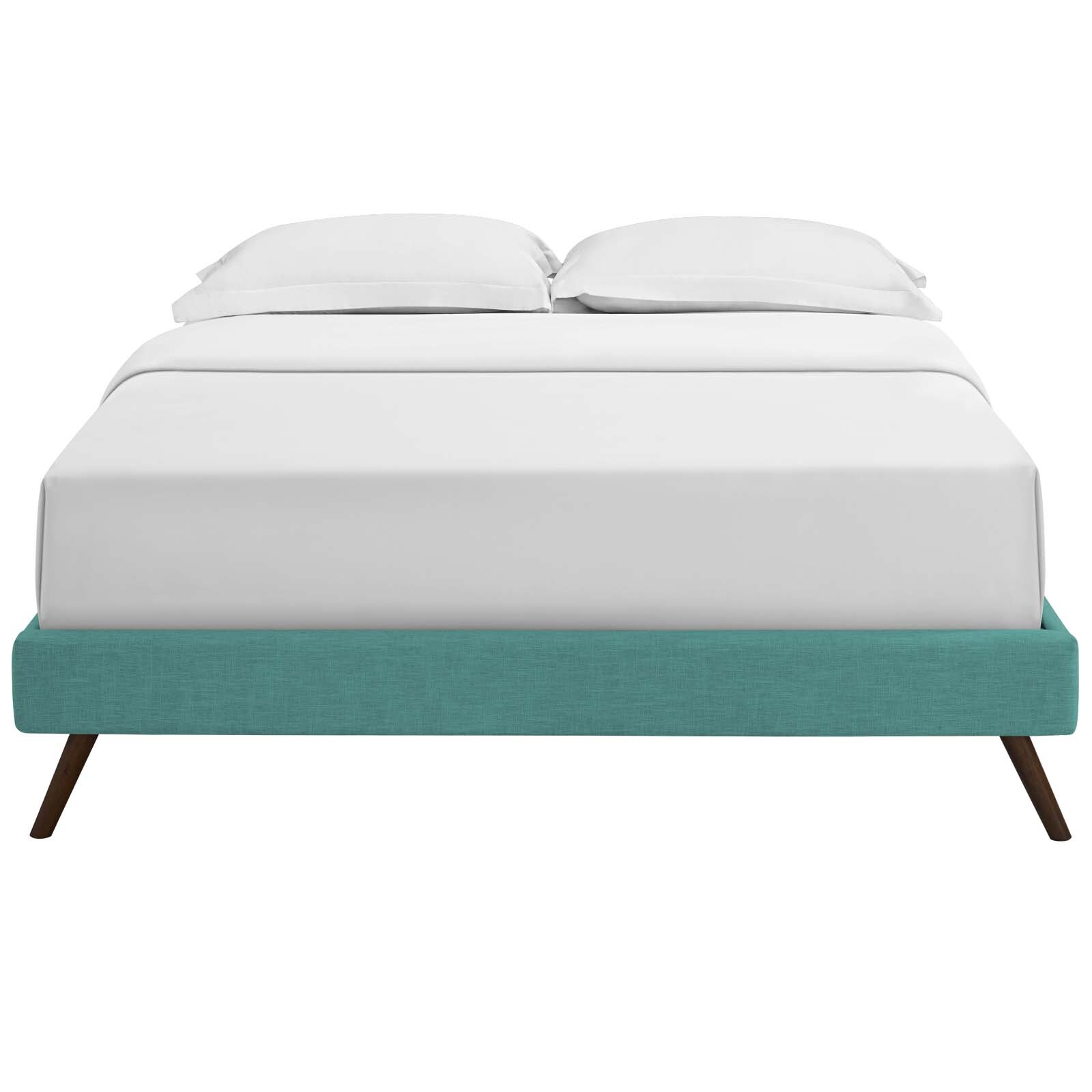 Mid-Century Modern Fabric Upholstered King Platform Bed Frame w/ Slats in Teal