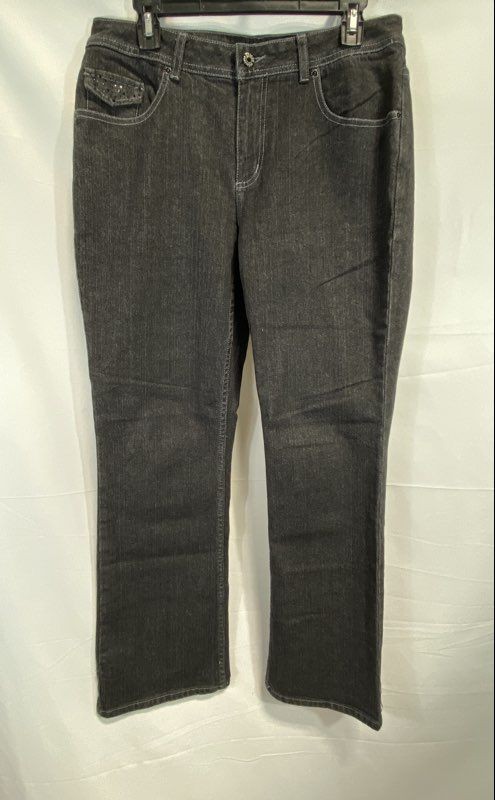 Chico's Platinum Women's Black Embellished Flap Pocket Stretch Jeans Sz 1.5 Reg