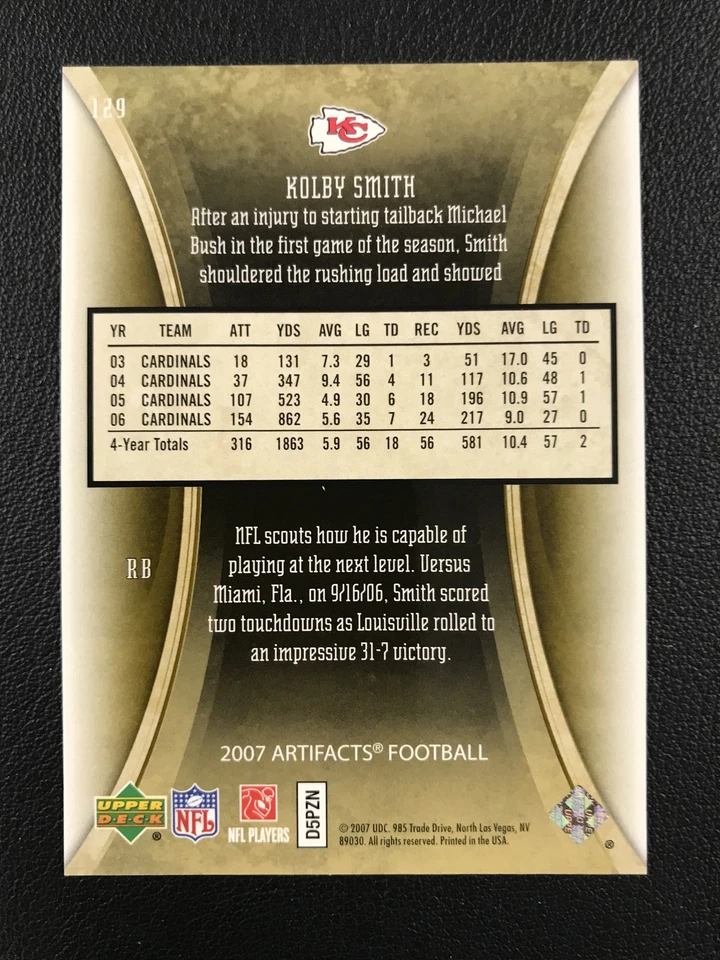 2007 Upper Deck Artifacts #129 Kolby Smith Kansas City Chiefs Rookie Gold /99 - Image 2 of 2