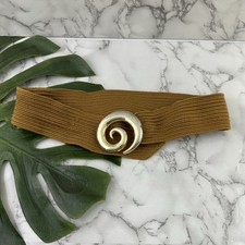 Womens Vintage 90s Elastic Waist Belt Size M Gold Yellow Swirl Buckle Wide