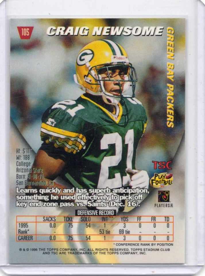 1996 Topps Stadium Club - Craig Newsome #105 Green Bay Packers - Image 2 of 2