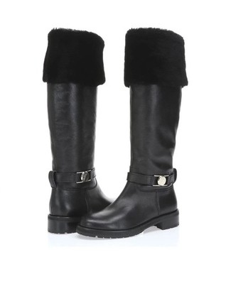 VERSACE COLLECTION Black Leather Fur Shearling Medusa Tall Boots Sz 38 IT US 7.5