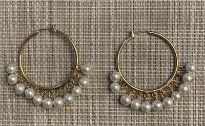 Gold-tone Hoop Earrings with Faux Pearl Dangles 1.75 