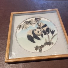 2 Panda Bears With Bamboo Paper Art Framed Shu Silk