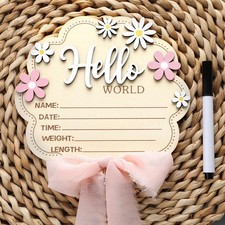 Pink Bow Flower Baby Birth Announcement Sign 6.1 inch Hello World Newborn Sign P