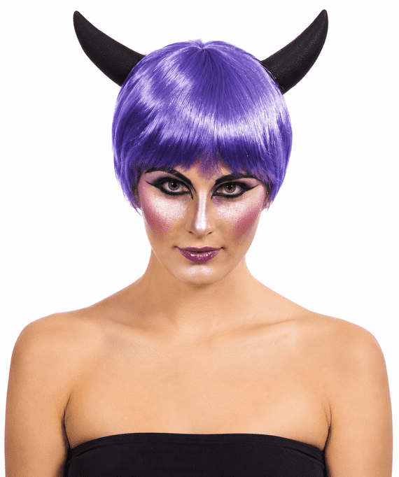 Horny Devil Wig Purple Halloween Fancy Dress Costume Accessory Adult One Size