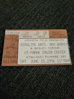 Ringling Brothers & Barnum & Bailey June 15 1996 Austin Texas Erwin Ticket Stub