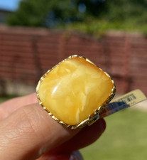 Authentic Baltic Yellow Amber Silver 925 14K Gold Plated Adjustable Ring