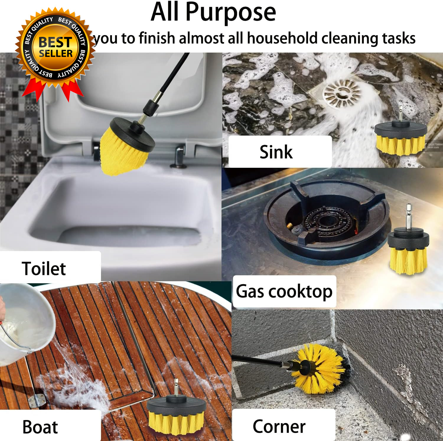 Drill Brush Attachment Set 7 Pack 1/4In Power Scrubber Brush + Extend Long Rod