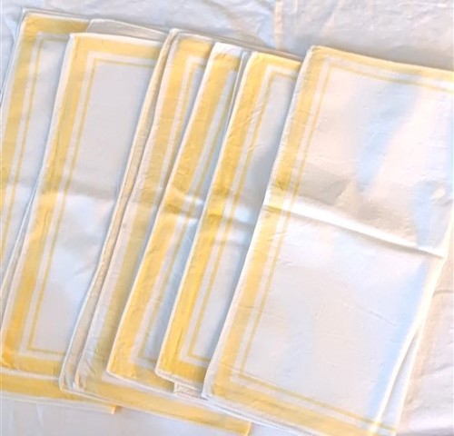 6 Vtg Cotton Napkins Placemats White w/ Yellow Border Stripe 14"