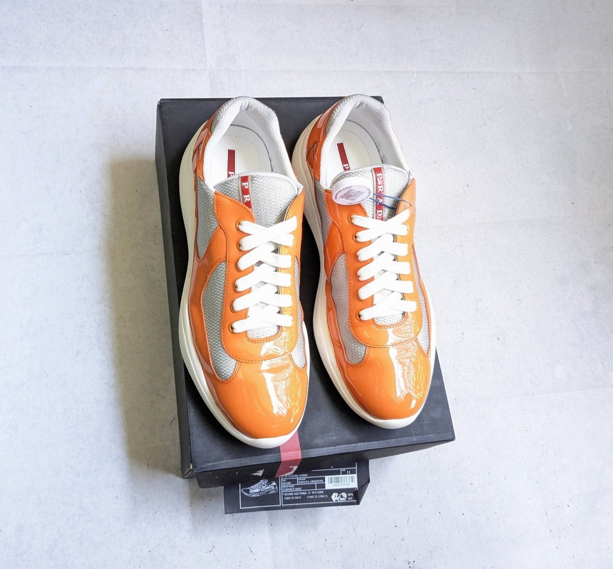 Prada America's Cup Sneakers Orange Patent Leather Men US 12 UK 11
