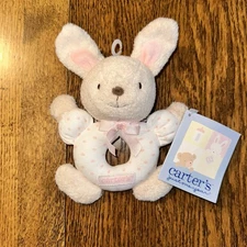 Vtg Carters Just One Year Bunny Ring Rattle Plush Y2k Prestige Toy Baby Girl New