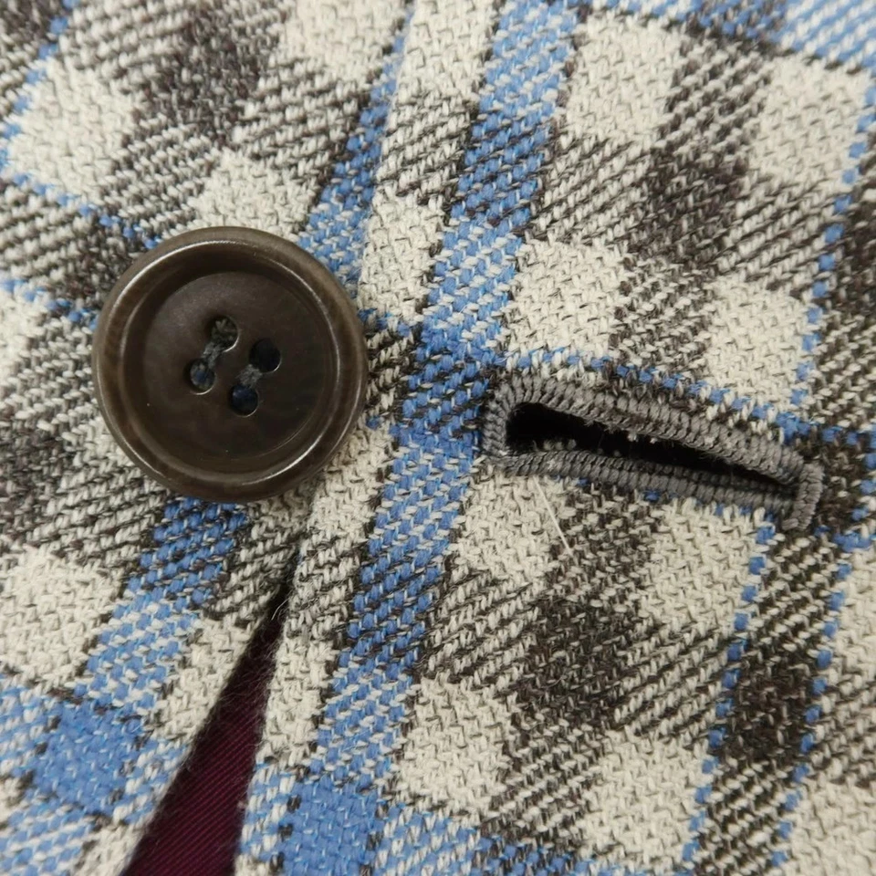 [Used] Kiton Cashmere Linen Silk Check Tailored Jacket Oatmeal Gray Light Blue - Image 4 of 4