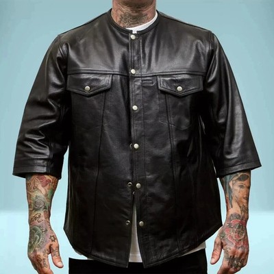 Men's Real Lambskin Leather 3/4 Short Sleeves Shirt Round Neck Leather Shirt
