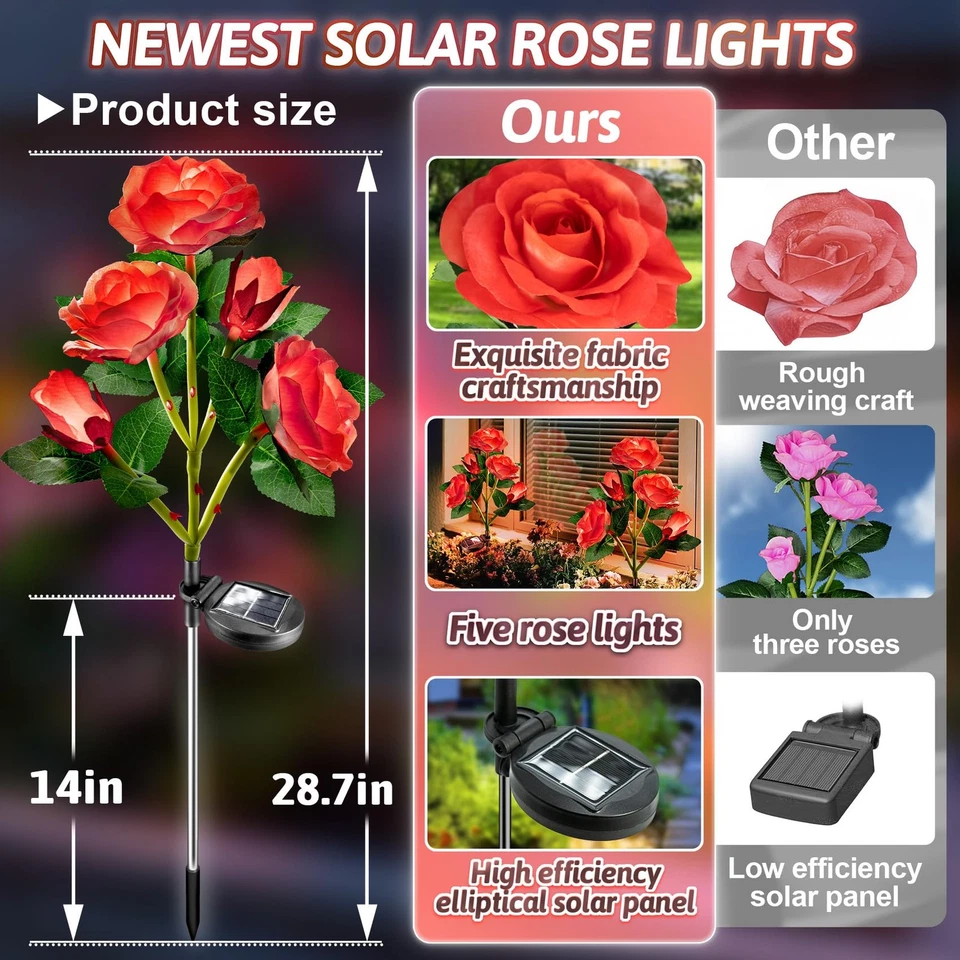 Luces solares de jardín exterior: paquete de 2 rosas de tela impermeables flores - LED R... Foto 3 de 4