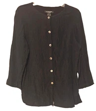Citron Womens Top PL Black Crinkle Silk Blend Button Up 3/4 Sleeve Office Gothic