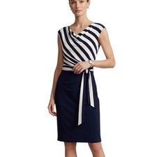 Lauren Ralph Lauren Navy Striped Cowl Neck Side Tie Sheath Dress Size 6