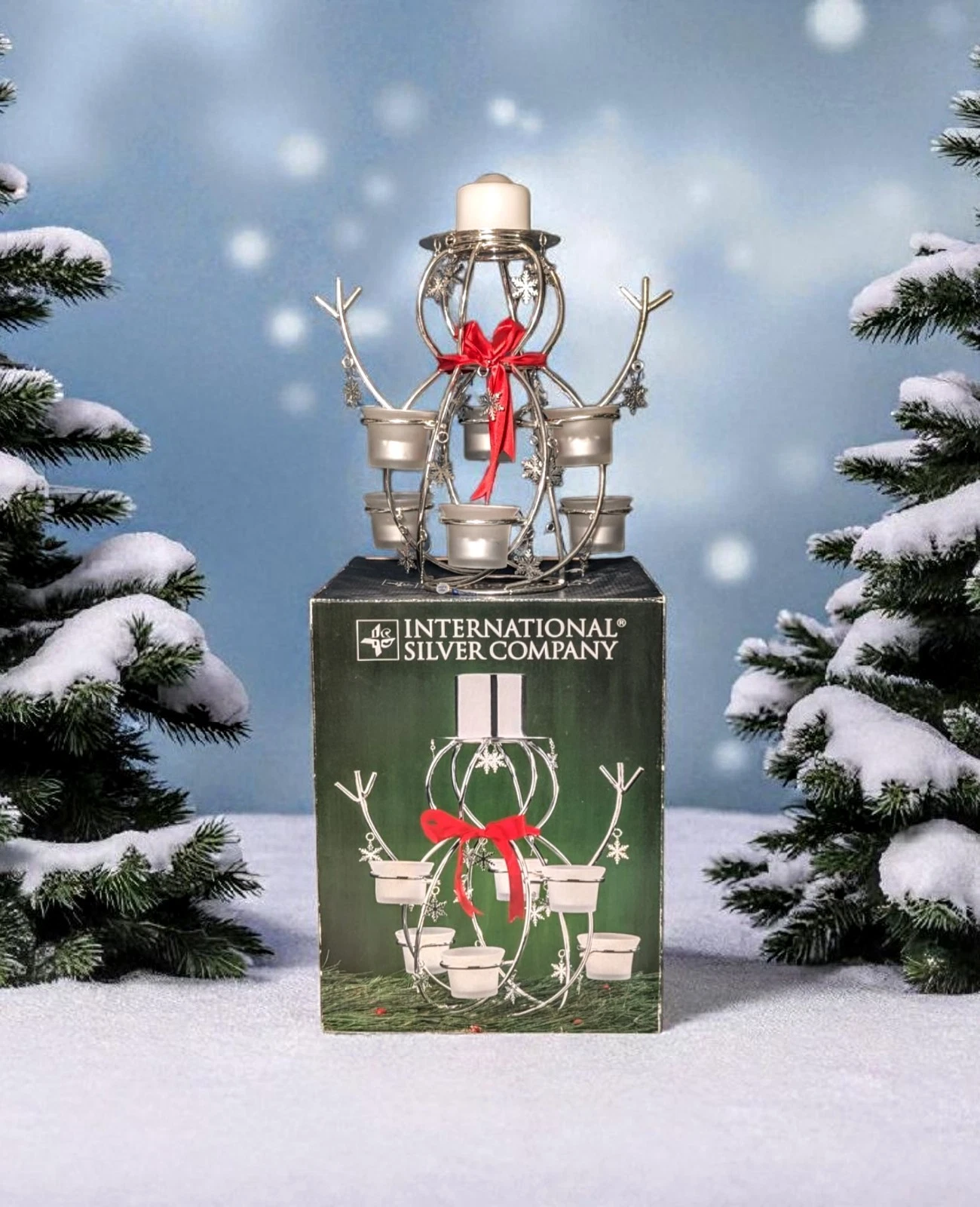 INTERNATIONAL SILVER COMPANY Holiday SNOWMAN Candle Holder Votive Display 12x9" image 1