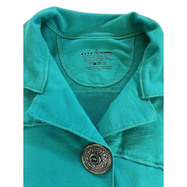Jaqueta feminina neon Buda azul-petróleo mistura de algodão XL botão frontal assimétrico - Imagem 3 de 4