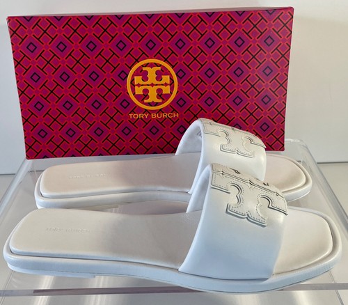 TORY BURCH Comfy Double T Leather Sport Slide 12 Optic White $198 #140079 - Imagen 3 de 12