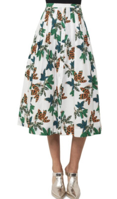 Akris Punto Tropical Leaf Print Button-Front Pleated A-Line Midi Skirt Sz 4 Sm