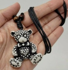 Teddy Bear Necklace White Bear Pendant Adjustable Black Cord Unisex Jewelry