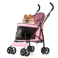 4 Wheels Pet Stroller, Easy-Fold Puppy Cage Jogger Stroller with Sun Cover, Pad