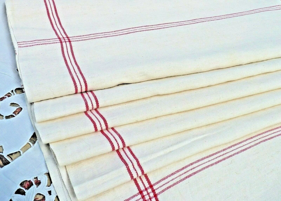 ANCIENNE TOILE de LIN LISERÉS ROUGES TOILE TORCHON de 3,50 m,  jamais utilisée - Photo 2/4