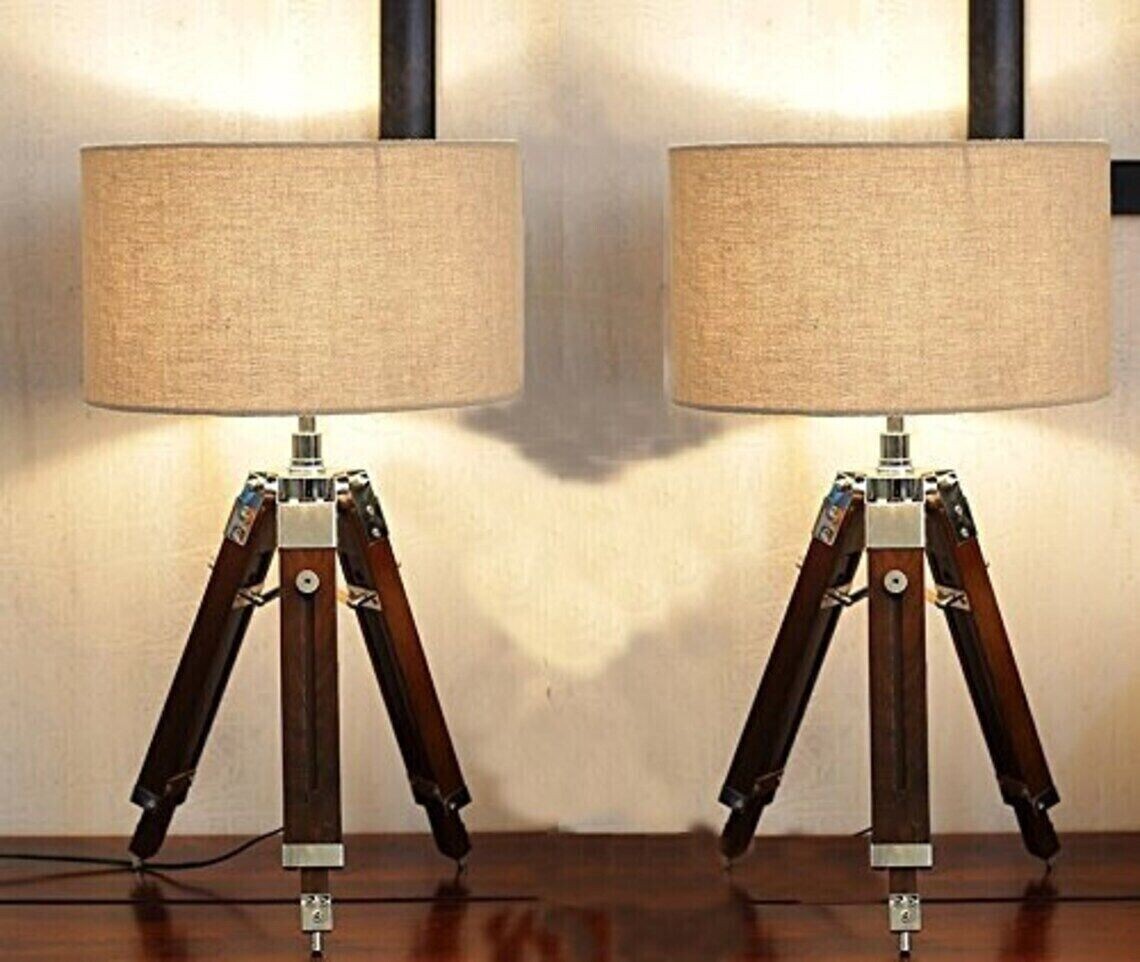 21 inch Small Lamp Pack W/Wooden Tripod Stand Antique Table Light Home  Decor