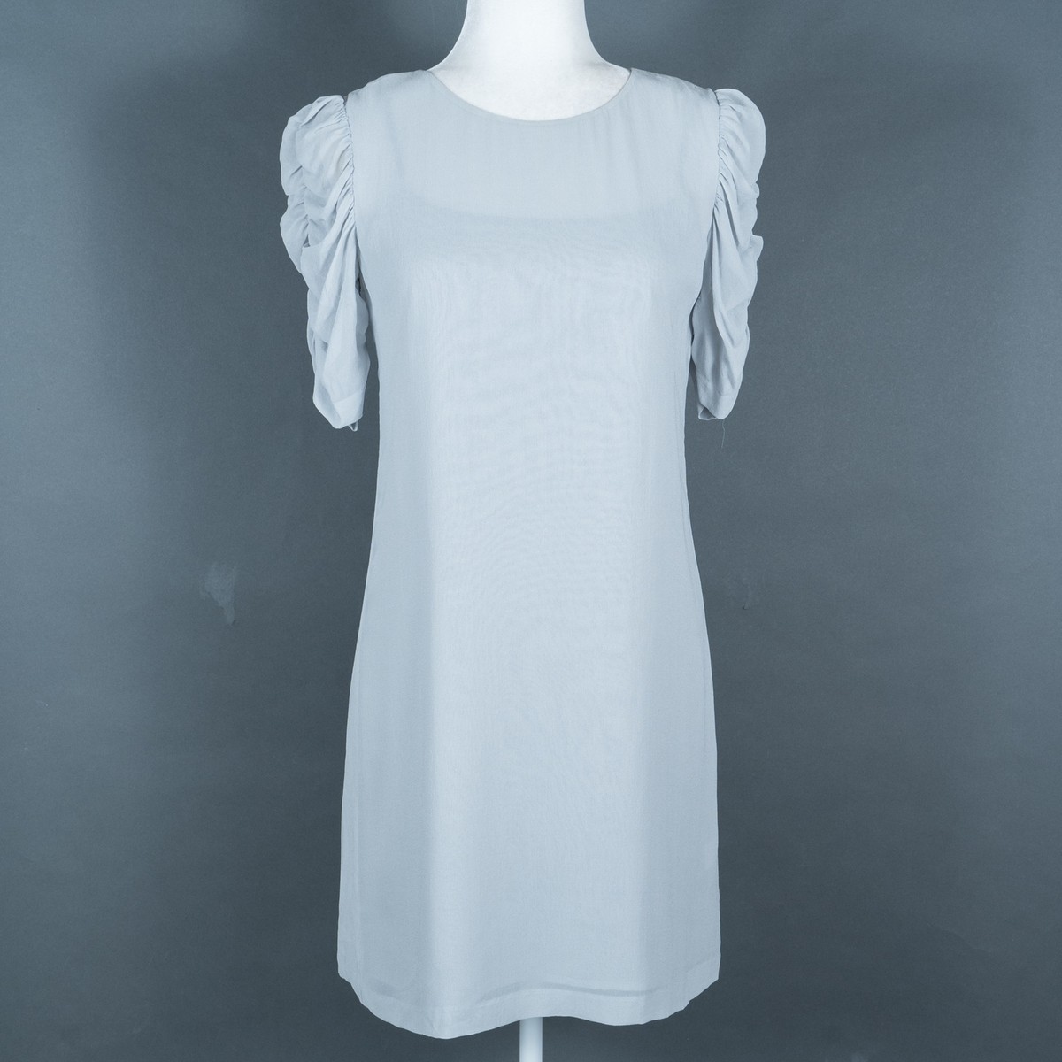 Theory Silk Gray Layered Puff Rouged Sleeve Shift Dress - SZ 4