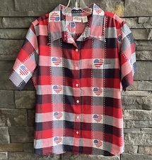90s Vintage Collections Etc. Womens Plaid Shirt XL Hearts Flag Patriotic
