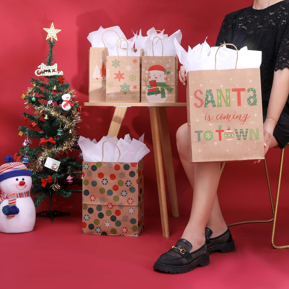 Pack of 24 Brown Christmas Gift Bags Assorted Sizes with Tissue Paper