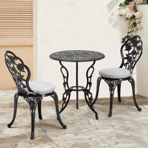 3pcs Garden Cast Aluminium Bistro Set Outdoor Coffee Table with Chairs&Cushion - Picture 4 of 12