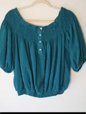 GiGiO USA Size**Small Smocked Top On/Off Shoulder Dk. Teal Cotton Elbow Sleeves