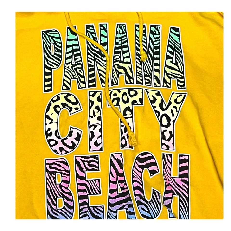 Vintage Yellow Panama City Beach  FL Pull Over Hoodie 2XL XXL Neon Zebra Animal - Image 2 of 4