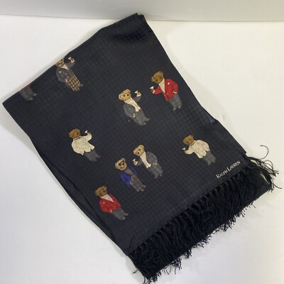 Rare vintage Ralph Lauren Teddy Bear Martini Party 100% Silk Tuxedo Opera  Scarf
