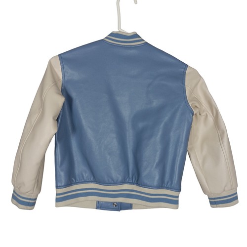 Zara Faux Leather Varsity Bomber Jacket Kids Size 7 Light Blue and White - Picture 6 of 8