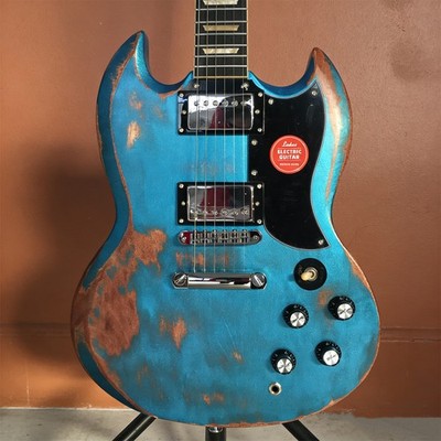 Blue SG Vintage Relic Electric Guitar HH Pickup Mahogany Body Rosewood Fretboard