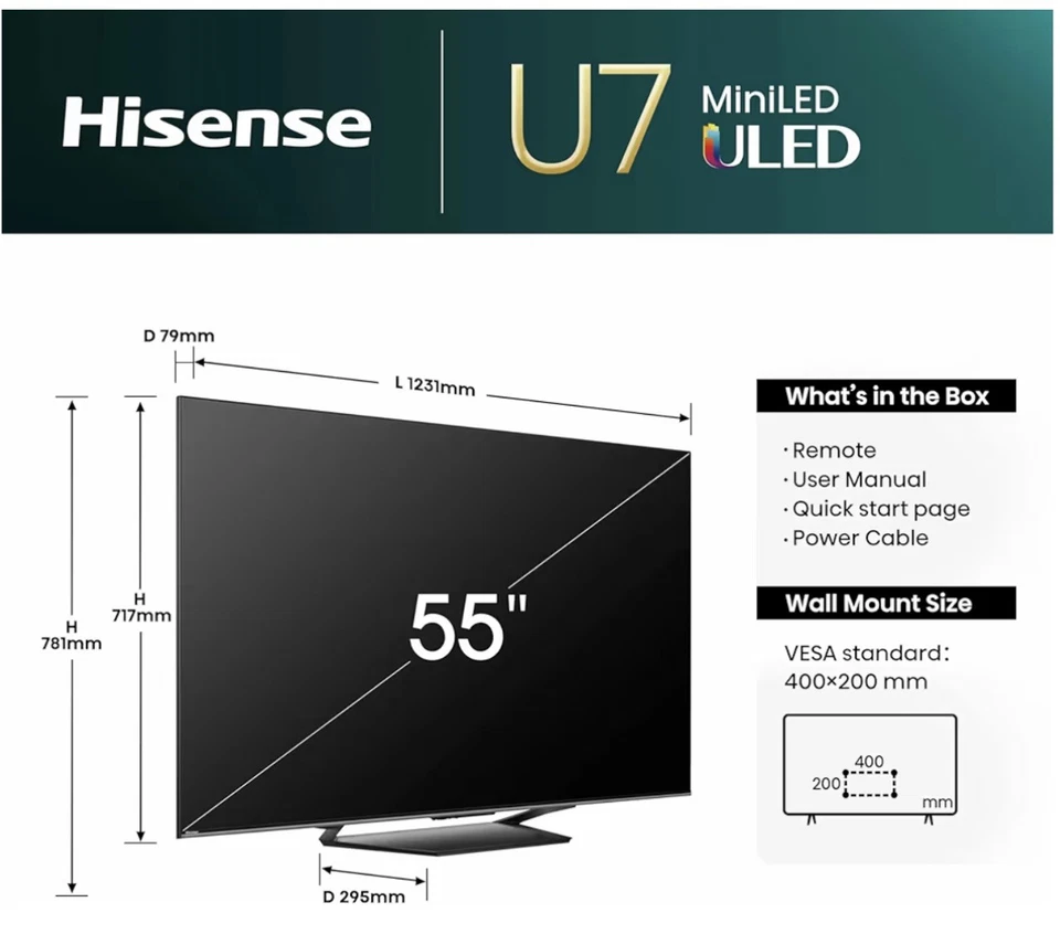 Hisense Smart TV 4K 55U7NQTUK 55" Ultra HD HDR Mini LED Freely TV 2024 BRAND NEW - Image 3 of 4