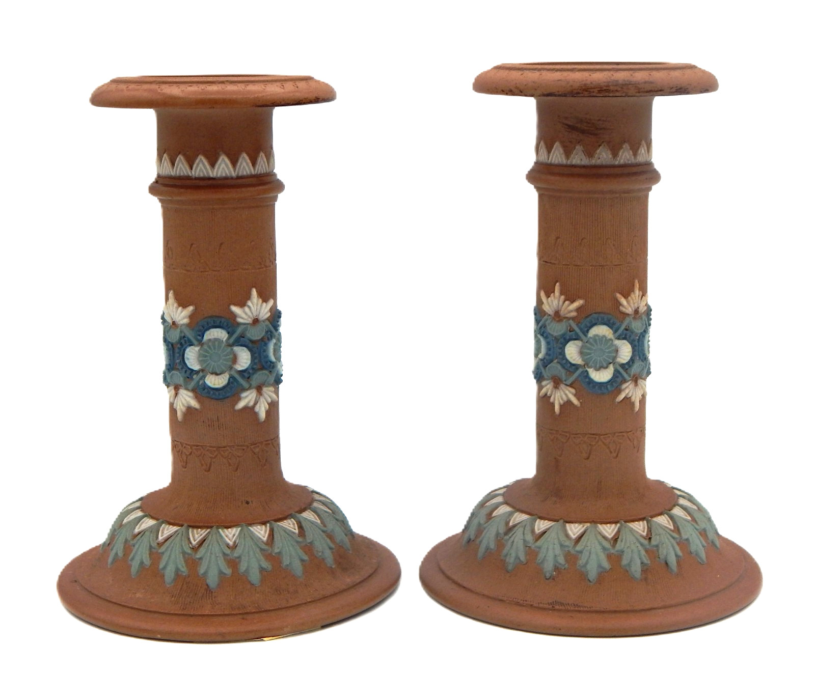 Doulton Lambeth Silicon Ware Candle Sticks, c1881-1891 Applied Decorations 6.25"