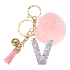 Alphabet Initial Letter Keychain Letter-V Cute Heart Resin Keyrings Pink