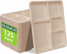 WELLIFE 125 Pack Kids Divided Paper Plates 5-Compartment 10.25" Compostable BPA