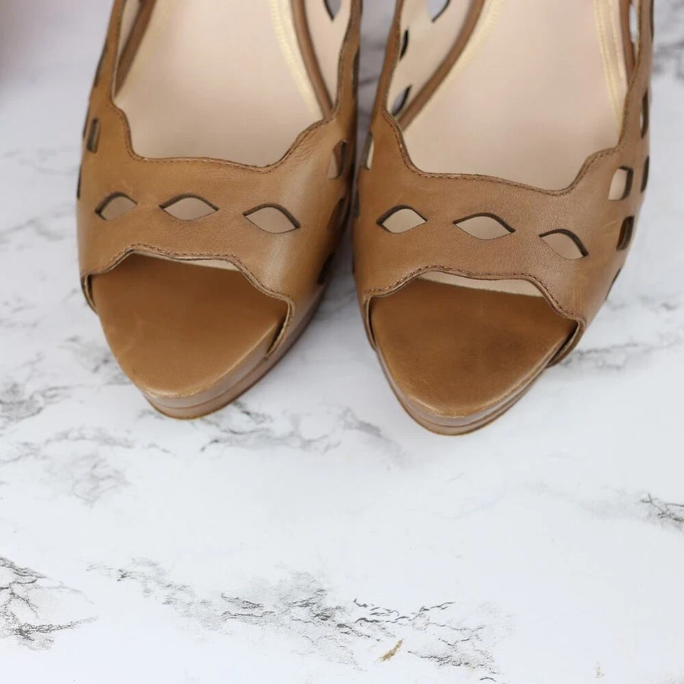 Zapatos de salón Elie Tahari de cuero marrón tostado punta abierta plataforma recortada 41 Foto 3 de 4