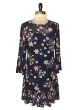 ELIZA J Size 8 Shift Dress Blue Pink Floral 3/4 Sleeve Pleated Cuffs and Hem