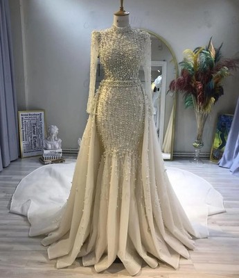 Champagne Full Pearls Elegant Dress Muslim Wedding Celebrity Dress for Birthday